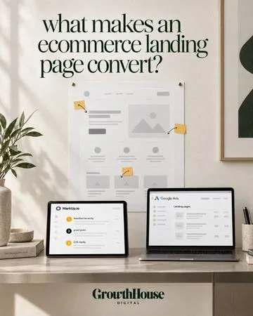 Ecommerce landing page wireframe with Google Ads results on a laptop and tablet