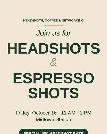 Headshots and Espresso Shots networking event flyer for Friday, October 16 at Midtown Station