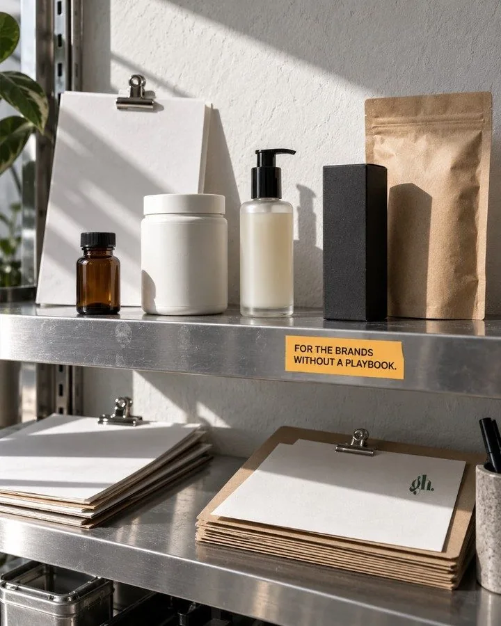 Product packaging, labels and printed brand collateral on steel shelves