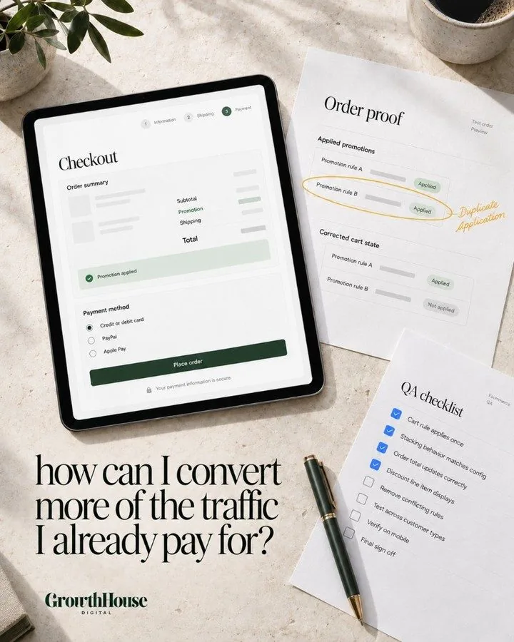 Checkout page on a tablet beside an order proof and QA checklist for a conversion-focused web design