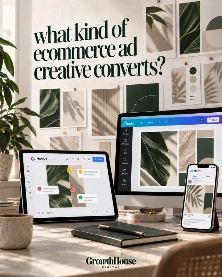 Ecommerce ad creative boards on a desktop, laptop and phone for social media marketing