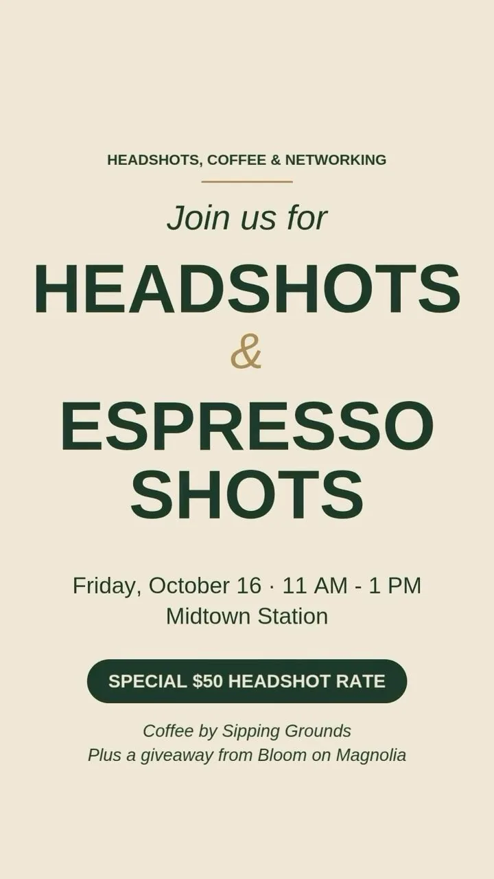 Flyer for Headshots and Espresso Shots at Midtown Station with a $50 headshot rate and coffee by Sipping Grounds