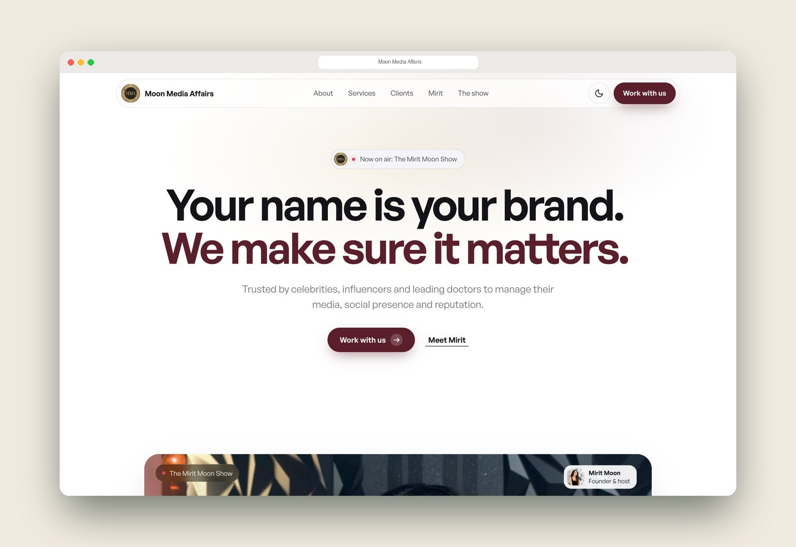A homepage designed by GrowthHouse Digital for Moon Media Affairs