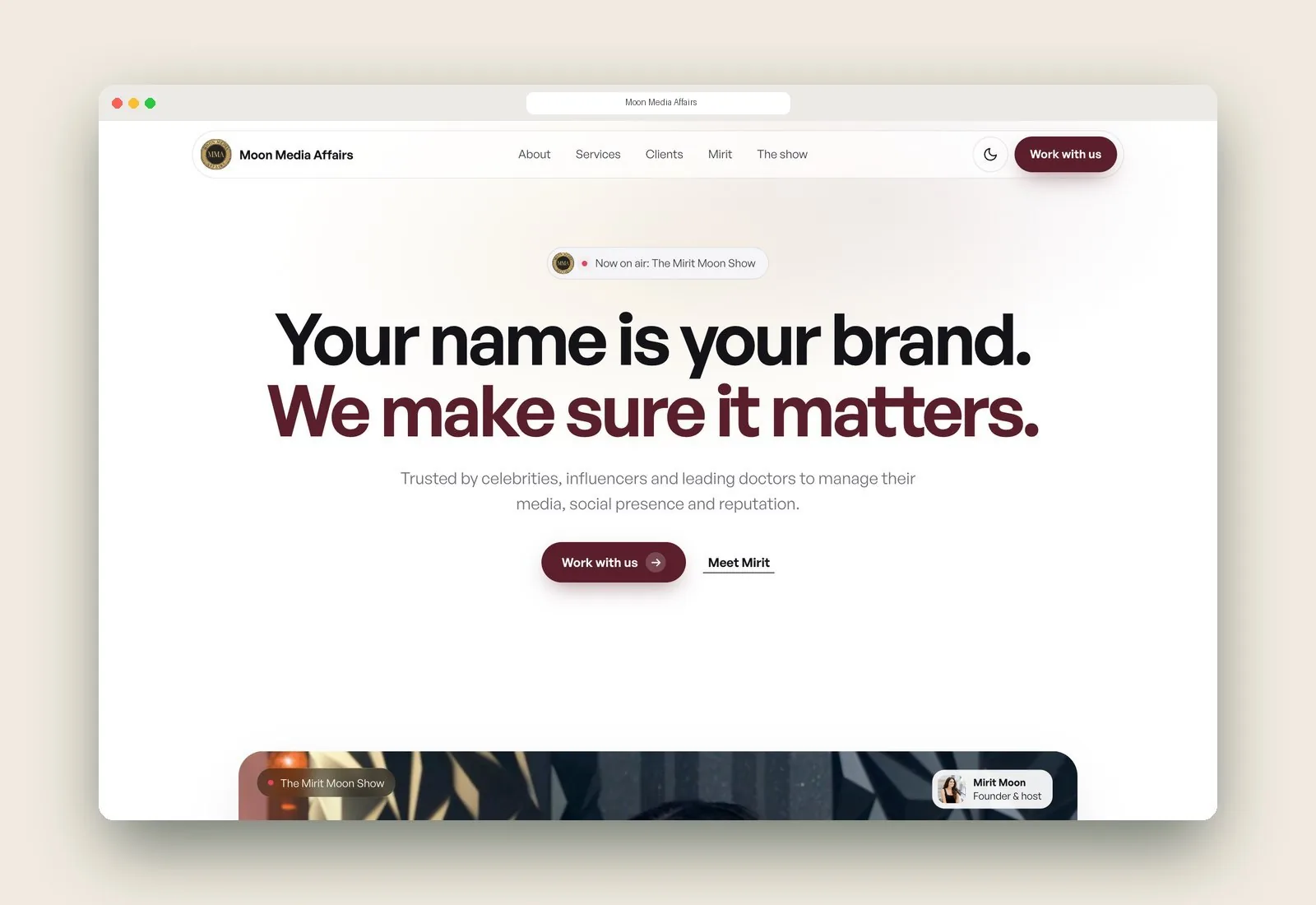 A homepage designed by GrowthHouse Digital for Moon Media Affairs